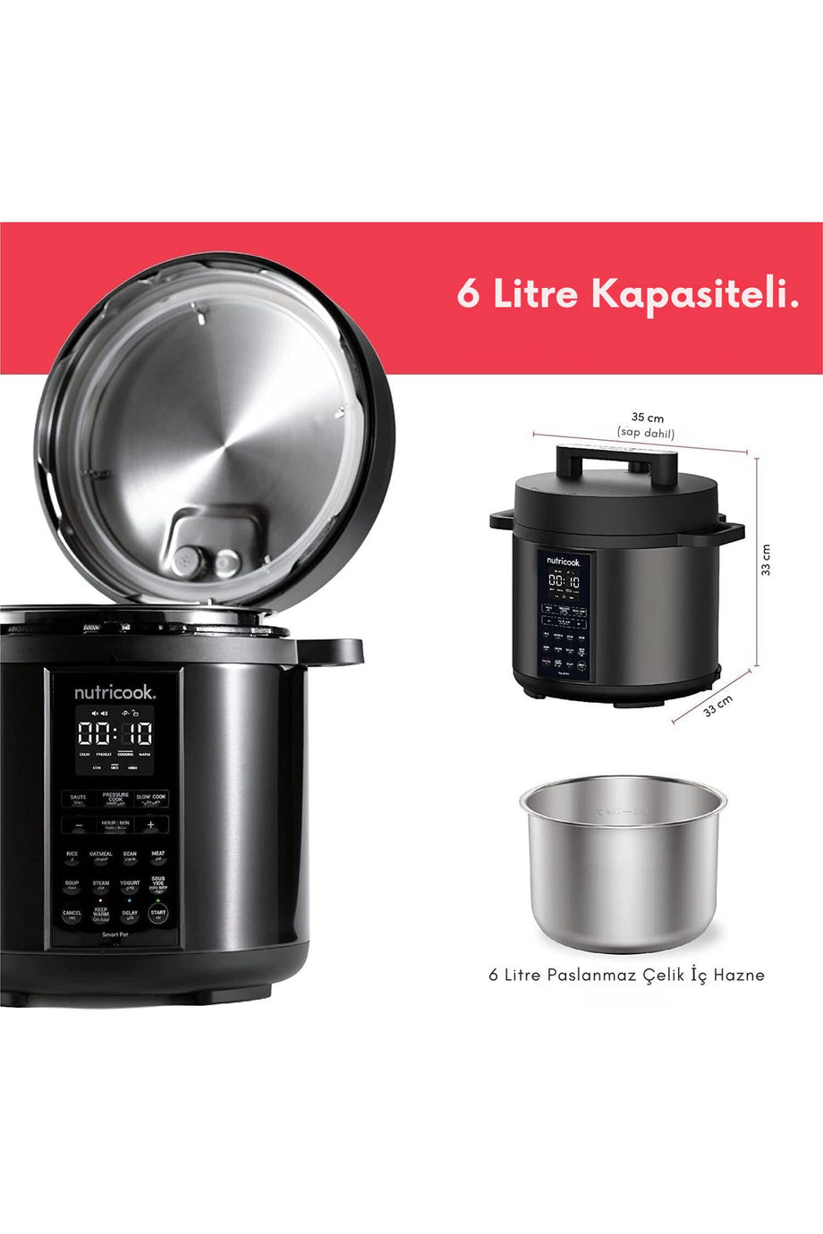 Smart Pot 9'u 1 Arada Elektrikli Düdüklü Tencere, Yavaş Pişirici, 6L