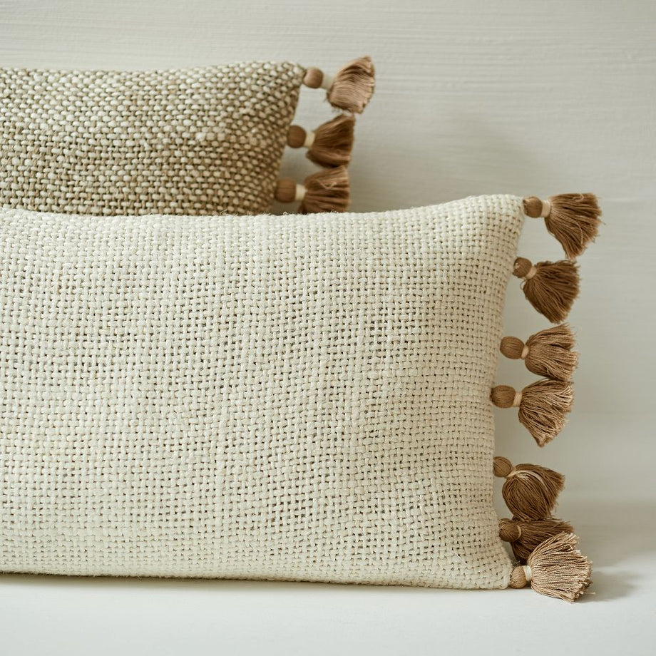 İki Renkli Kalın Keten Püsküllü Yastık Kılıfı 30x53 cm, El Dokuması Şıklık