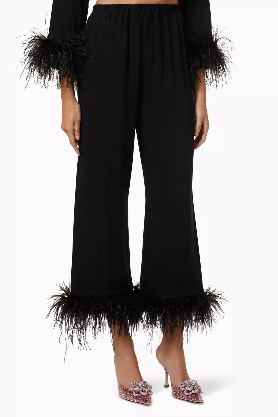 Party Viskon Pijama Takımı Tüy Detaylı İki Parça, Siyah