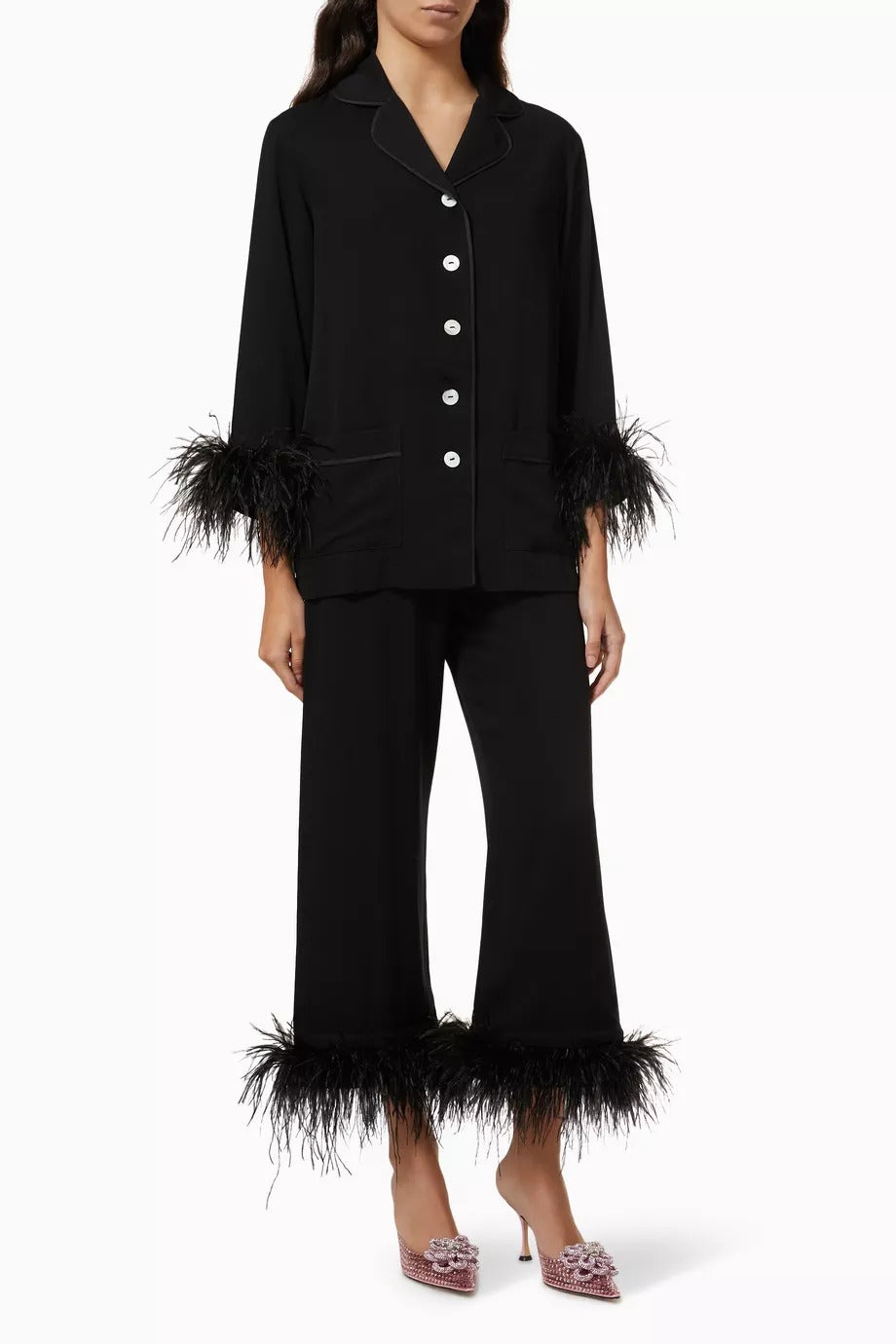 Party Viskon Pijama Takımı Tüy Detaylı İki Parça, Siyah