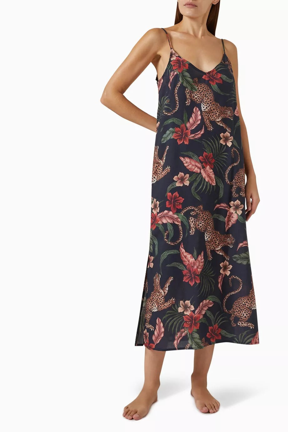 Soleia Kadın Lüks Pamuklu Leopar Desenli Slip Gecelik Ayarlanabilir Askılı