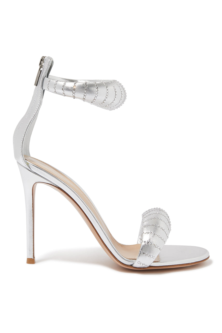 Gianvito Rossi 105mm Kristal Detaylı Metalik Deri Sandalet - Gümüş