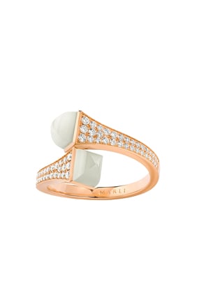 Cleo Elmas Midi Yüzük, 18K Pembe Altın, Beyaz Akik ve Elmaslarla