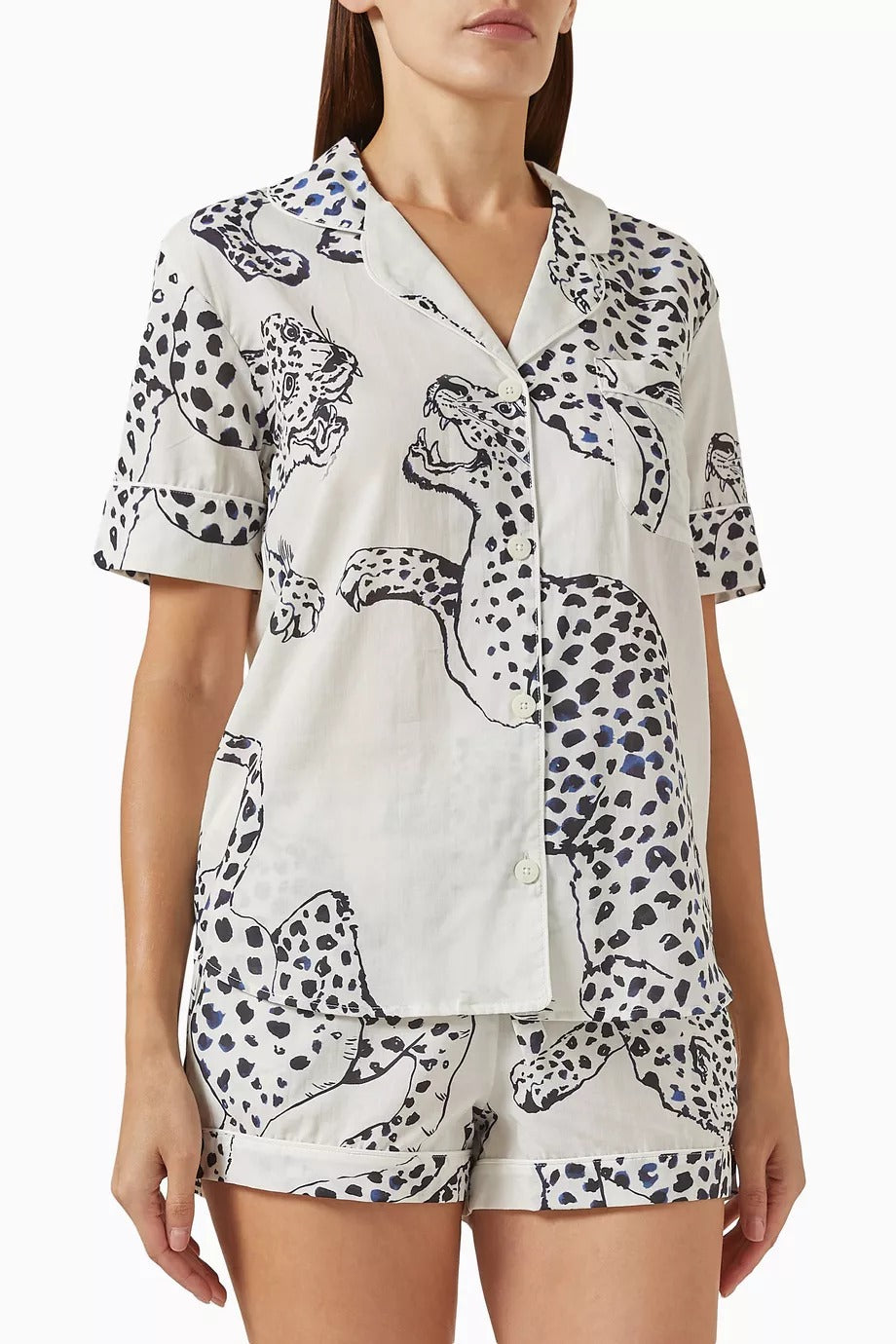 The Jag Kadın Lüks Pamuklu Kısa Pijama Takımı Krem Renkli Jaguar Desenli Set