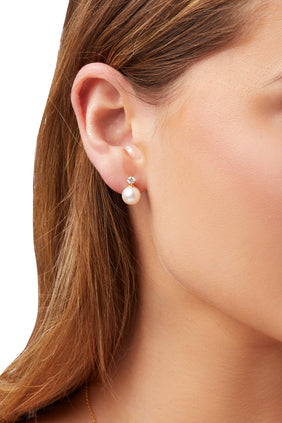 Klasik 18K Sarı Altın Küpe, Pırlanta ve 8mm İnci