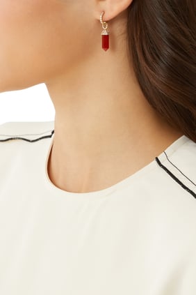 18 Ayar Sarı Altın, Elmas ve Akik Taşlı Tek Dikey Küpe