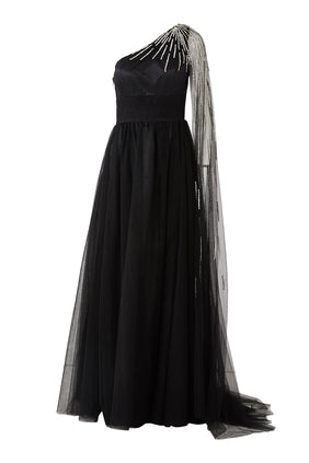 Şık Tek Omuzlu Abiye Elbise - Siyah