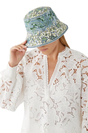 Desenli Kanvas Bucket Şapka - Açık Mavi