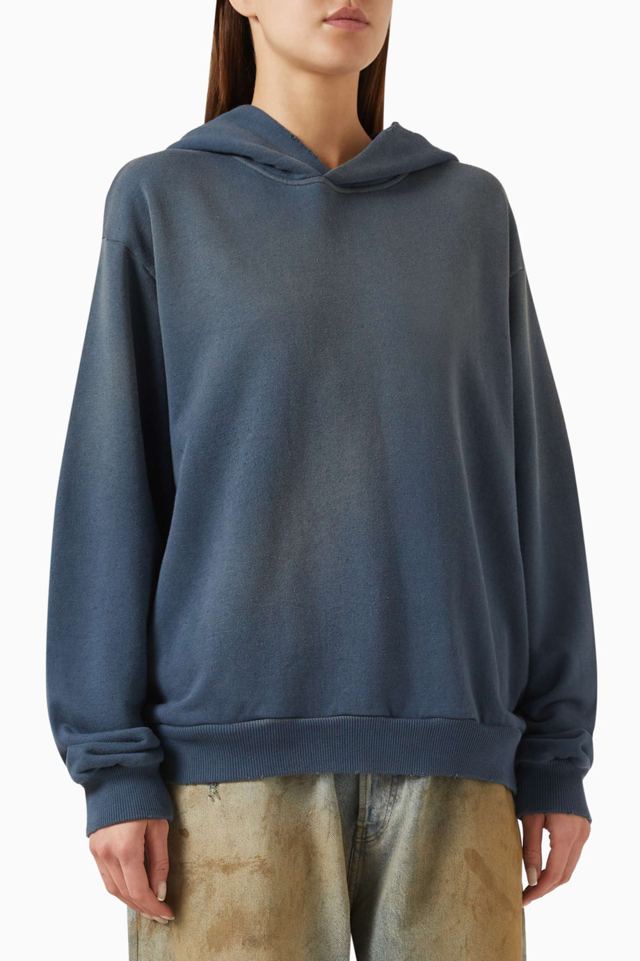 Unisex Logo Baskılı Kapüşonlu Sweatshirt Vintage Mavi