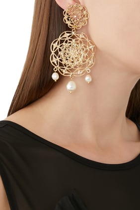 Bahçe Çiçeği İnci Küpe, 18k Altın/Rodyum & Kristaller