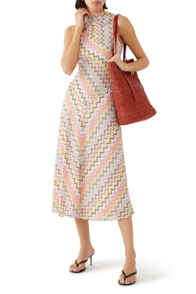 Zigzag Desenli Midi Elbise