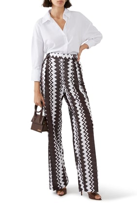 Zigzag Desenli Geniş Paça Pantolon - Koyu Kahverengi