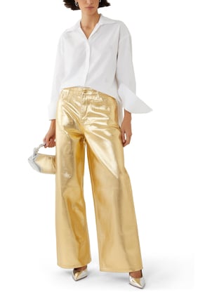 Altın Folyo Denim Geniş Paça Kot Pantolon