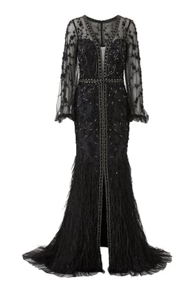 Tüy ve Kristal Detaylı Maxi Elbise