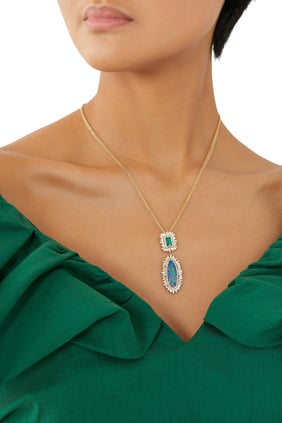 Opal Baguette Kolye, 18k Sarı Altın, Zümrüt ve Elmas