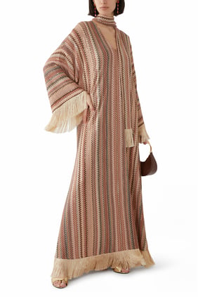 Pullu Franjeli Kaftan Elbise - Bej