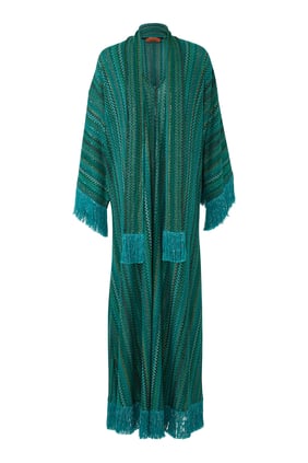 Payetli Fringed Kaftan Elbise - Yeşil Çok Renkli