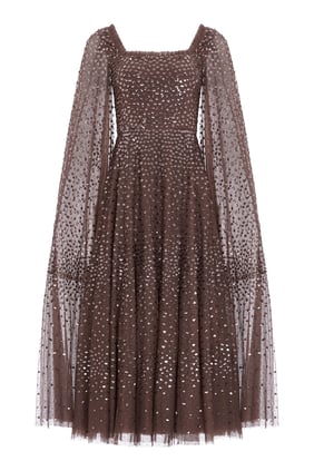 Scatter Dot Kloş Kollu Ankle Elbise - Kahverengi