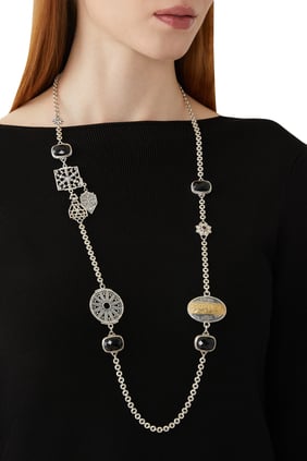 Nur Siyah Oniks ve Granat İyi Ol Kaligrafi Kolye, 18k Sarı Altın, Gümüş & Oniks, Granat