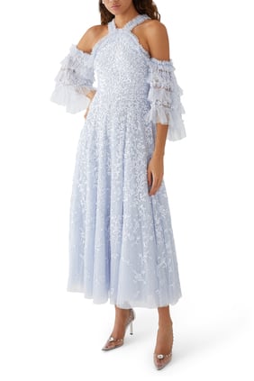 Çiçek Desenli Dantel Off-Shoulder Elbise