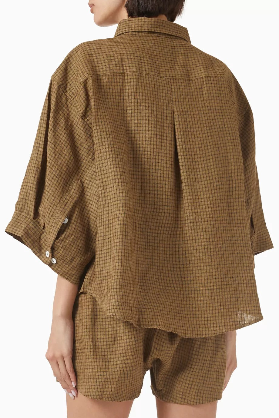 03 Organik Keten Lüks Gömlek ve Şort Seti Koyu Yeşil