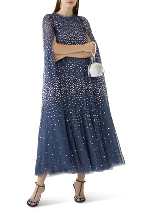 Serpme Nokta Şifon Katmanlı Ayak Bileği Elbisesi