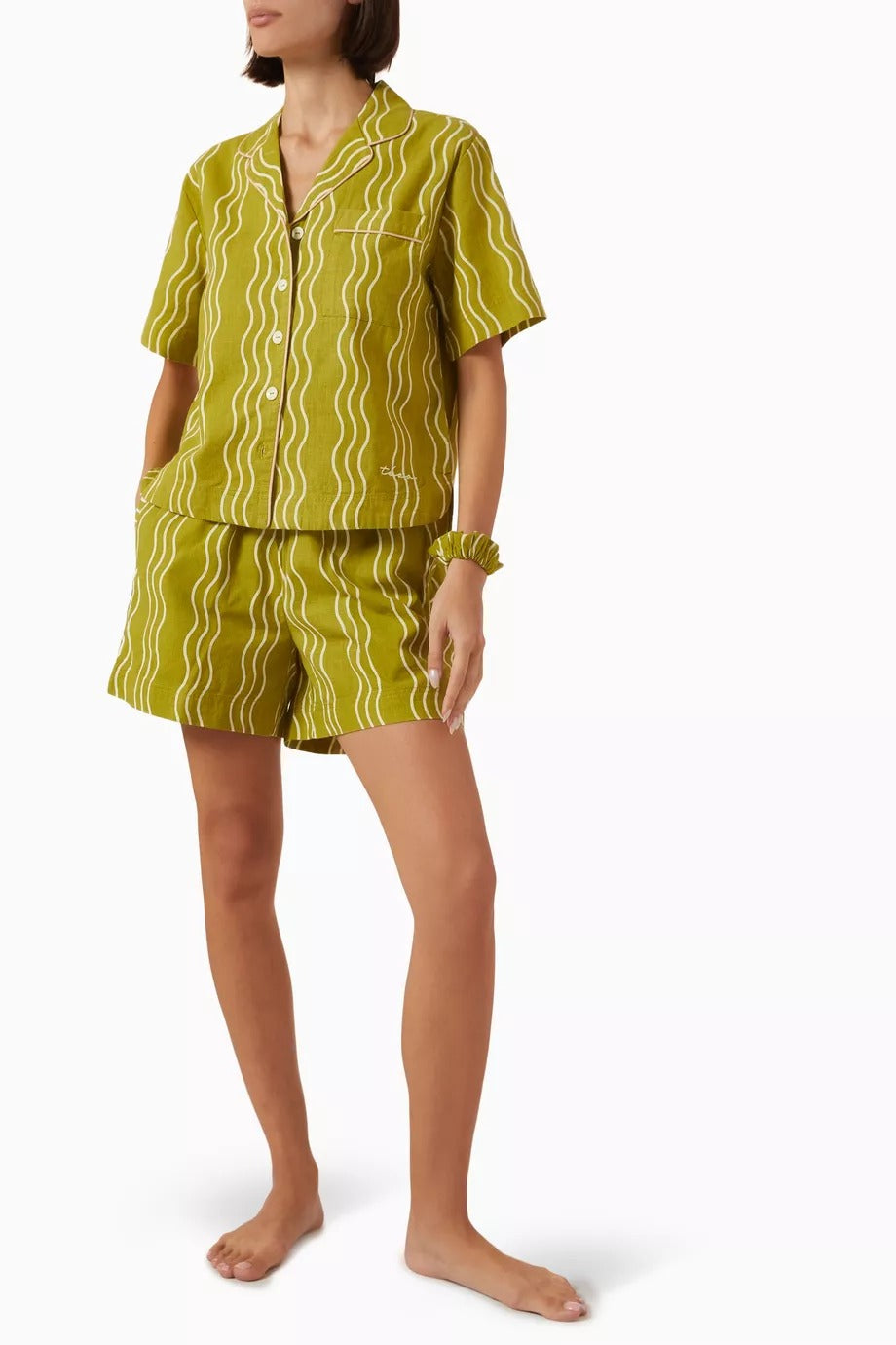 3 Parça Pamuklu Lüks Pijama Takımı, Yeşil Dalga Desenli