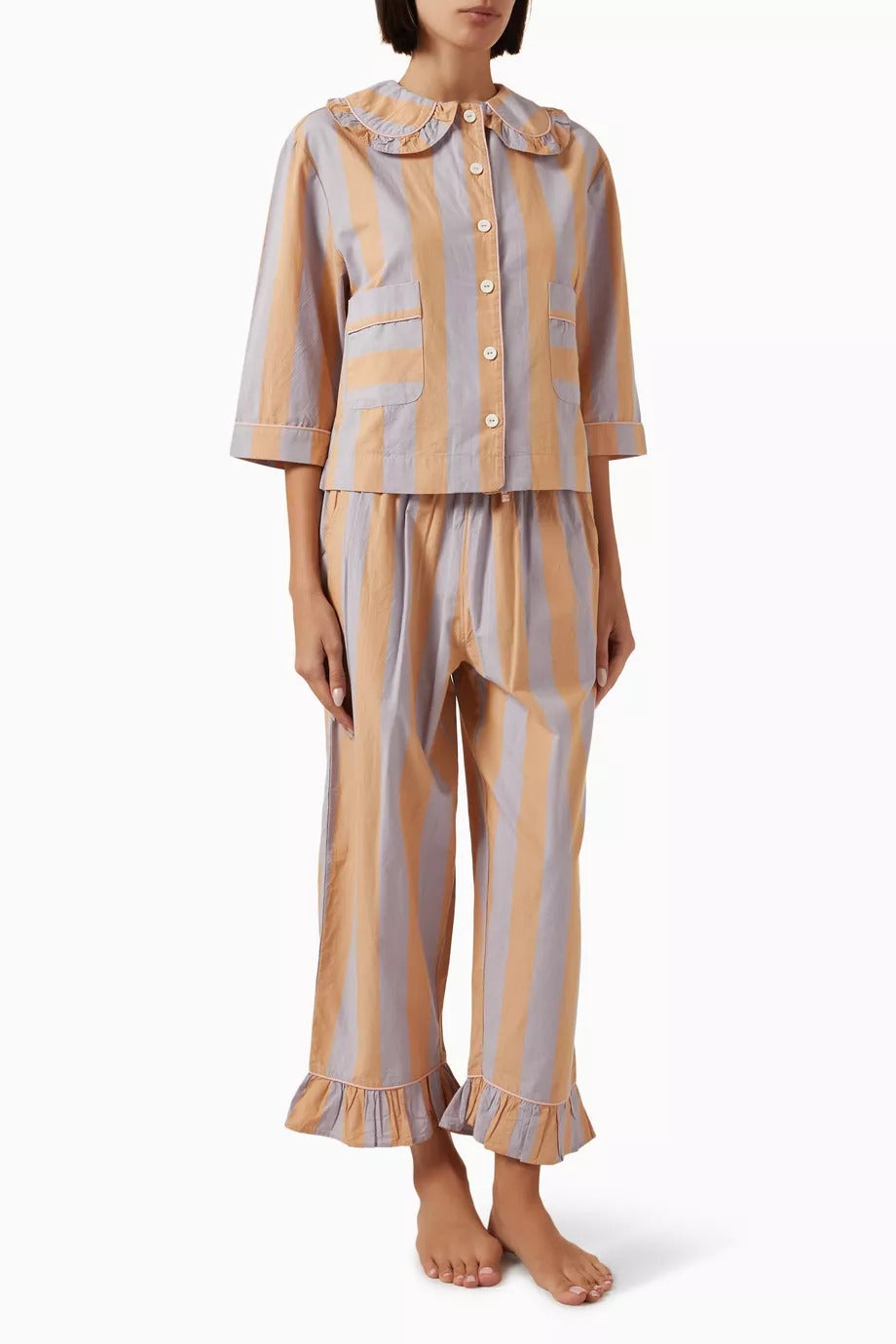 3 Parça Pamuklu Turuncu Çizgili Pijama Seti Fırfır Detaylı Lüks Tasarım