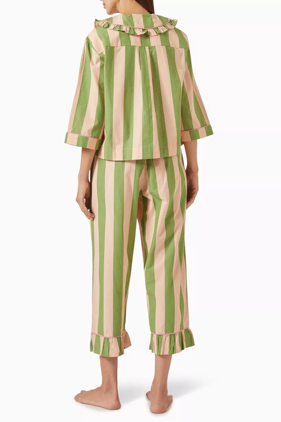 3 Parça Pamuklu Yeşil Çizgili Pijama Seti Fırfır Detaylı Lüks Tasarım