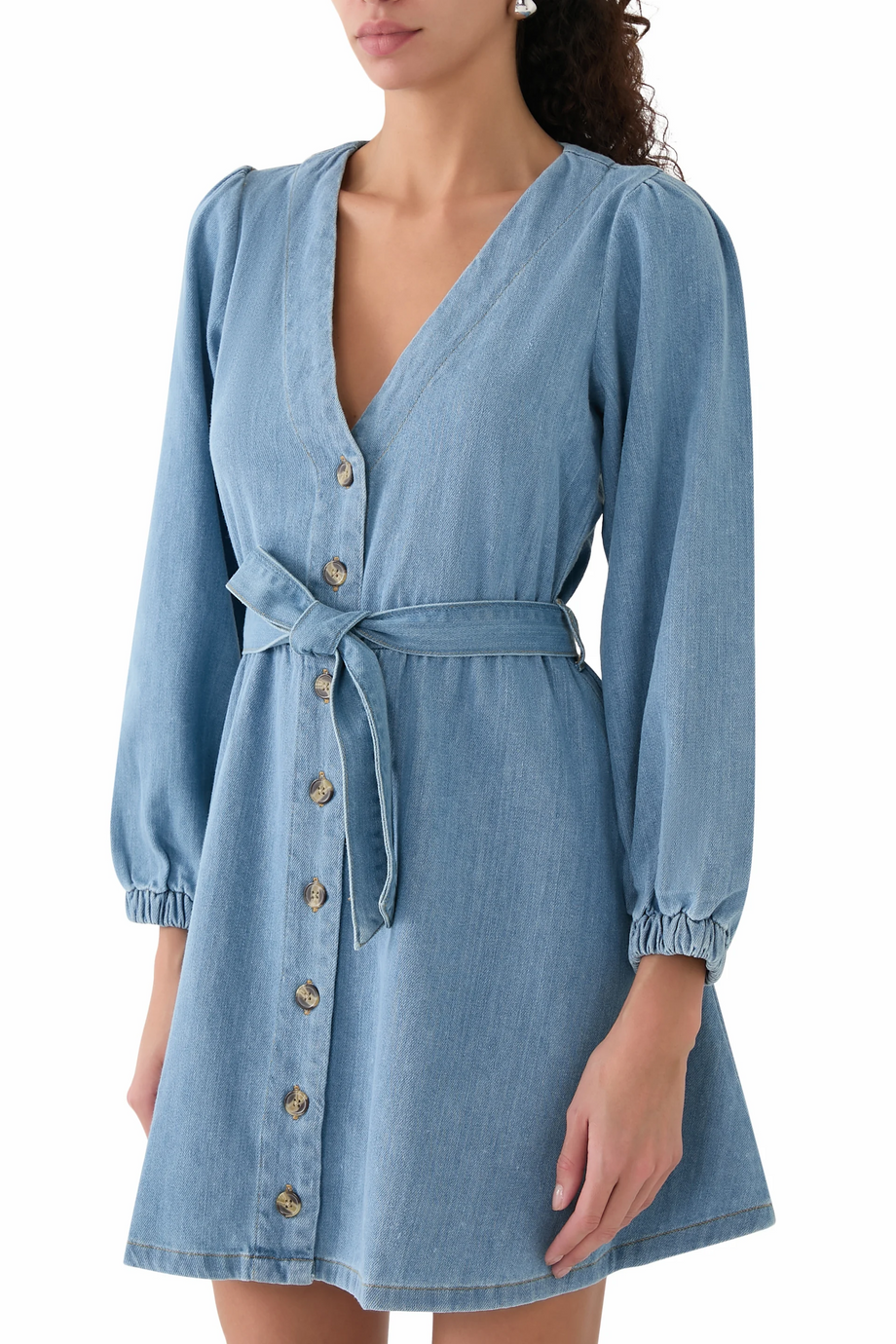 Denim Nolan Mini Elbise, Uzun Kollu, Kuşaklı, %100 Pamuk Günlük Şıklık