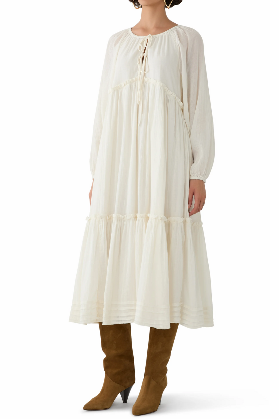 Adley Midi Elbise, Balon Kollu, Bağcıklı, Organik Pamuklu, Bohem Yaz Şıklığı