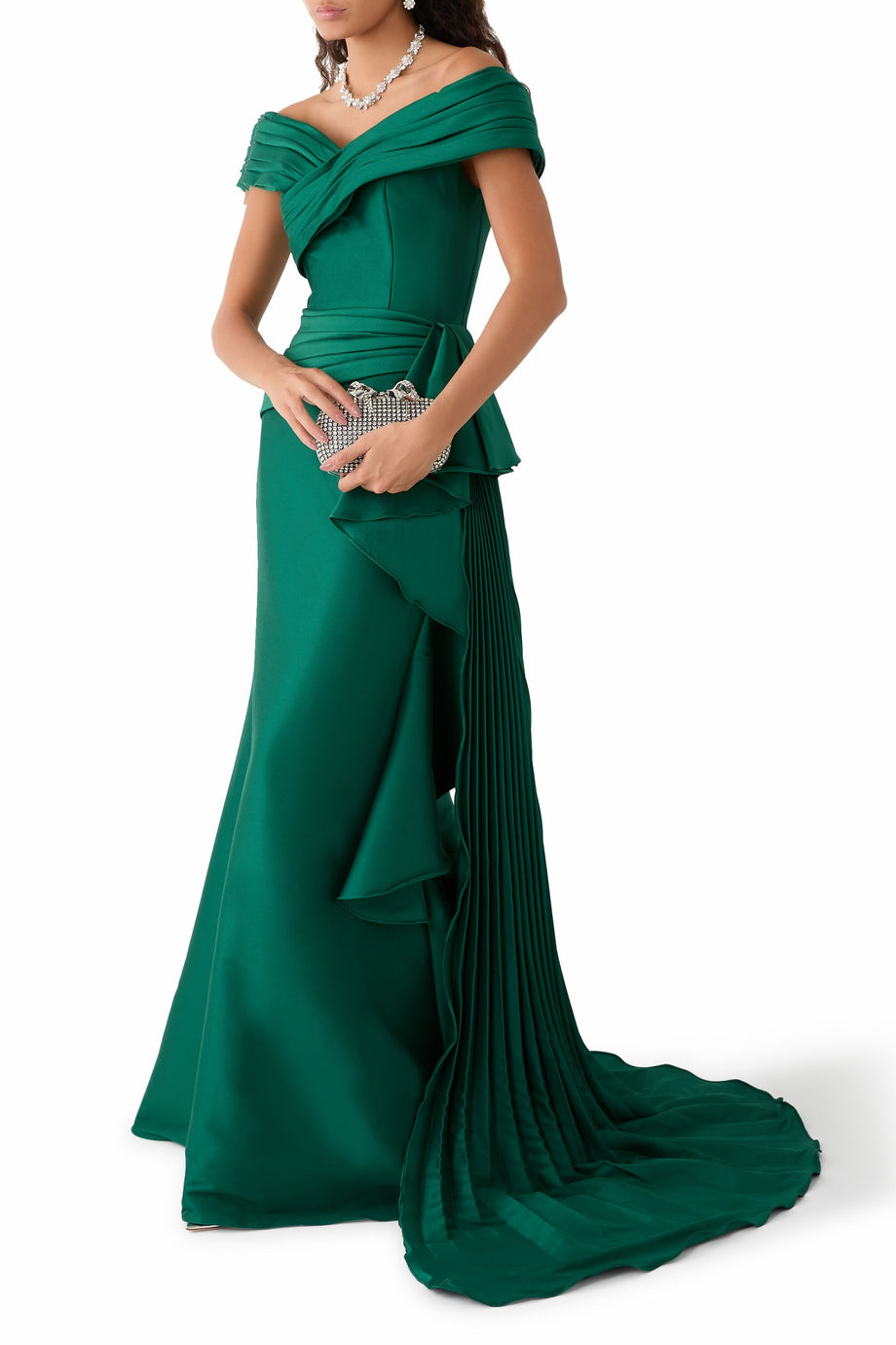 Omuz Açık Drapeli Elbise, Yırtmaçlı, Kalp Yaka, Vücuda Oturan Resmi Gece Elbisesi