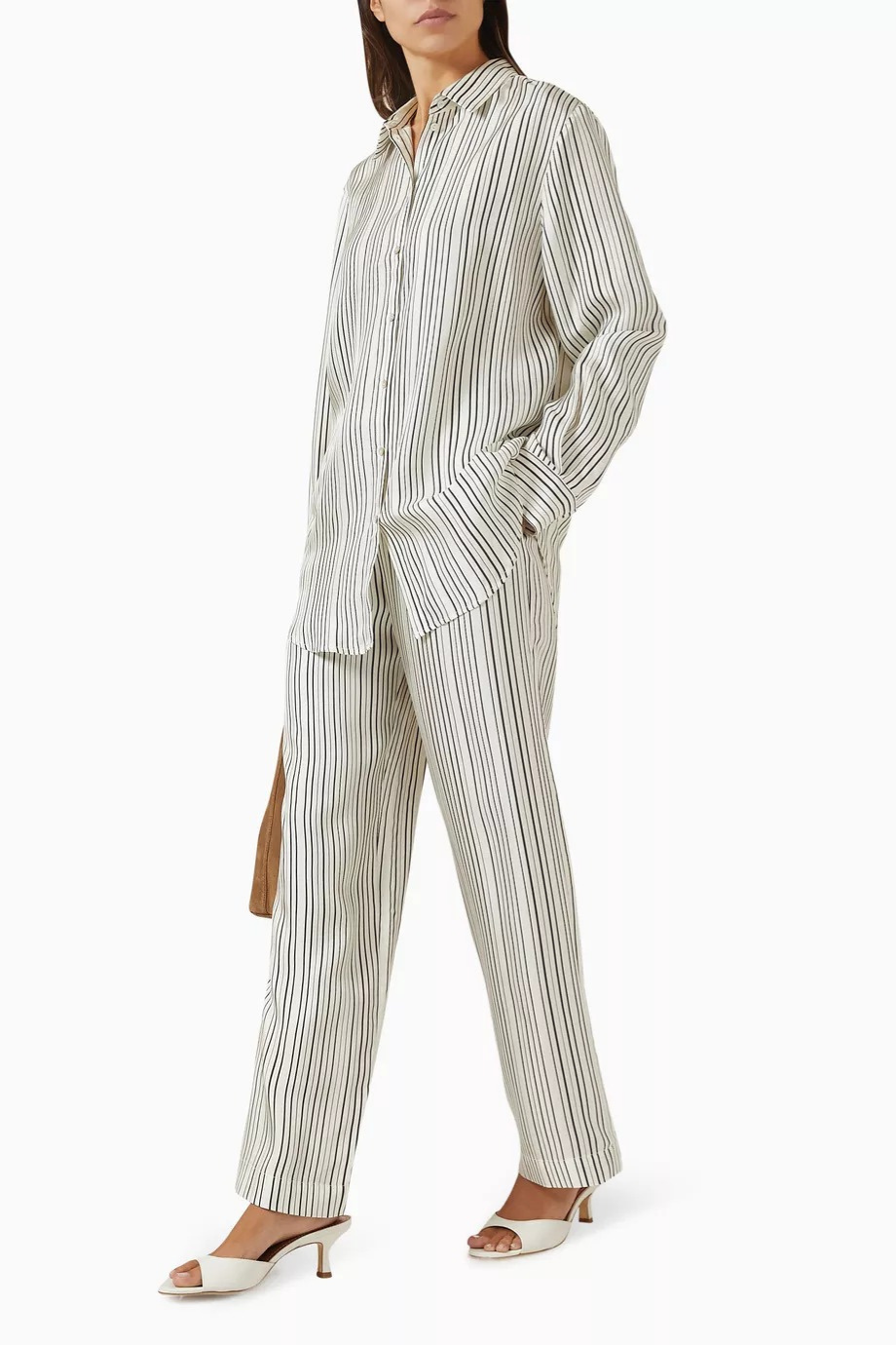 Çizgili London İpek Twill Gömlek Umber Brown Fine Stripe