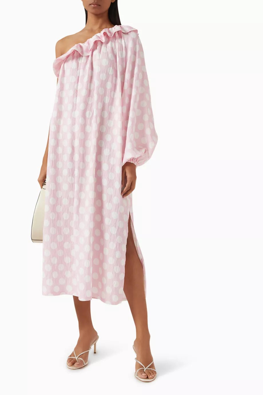 Gaia Midi Viskon Elbise Pembe Puantiye ve Fırfır Detaylı Lüks Tasarım