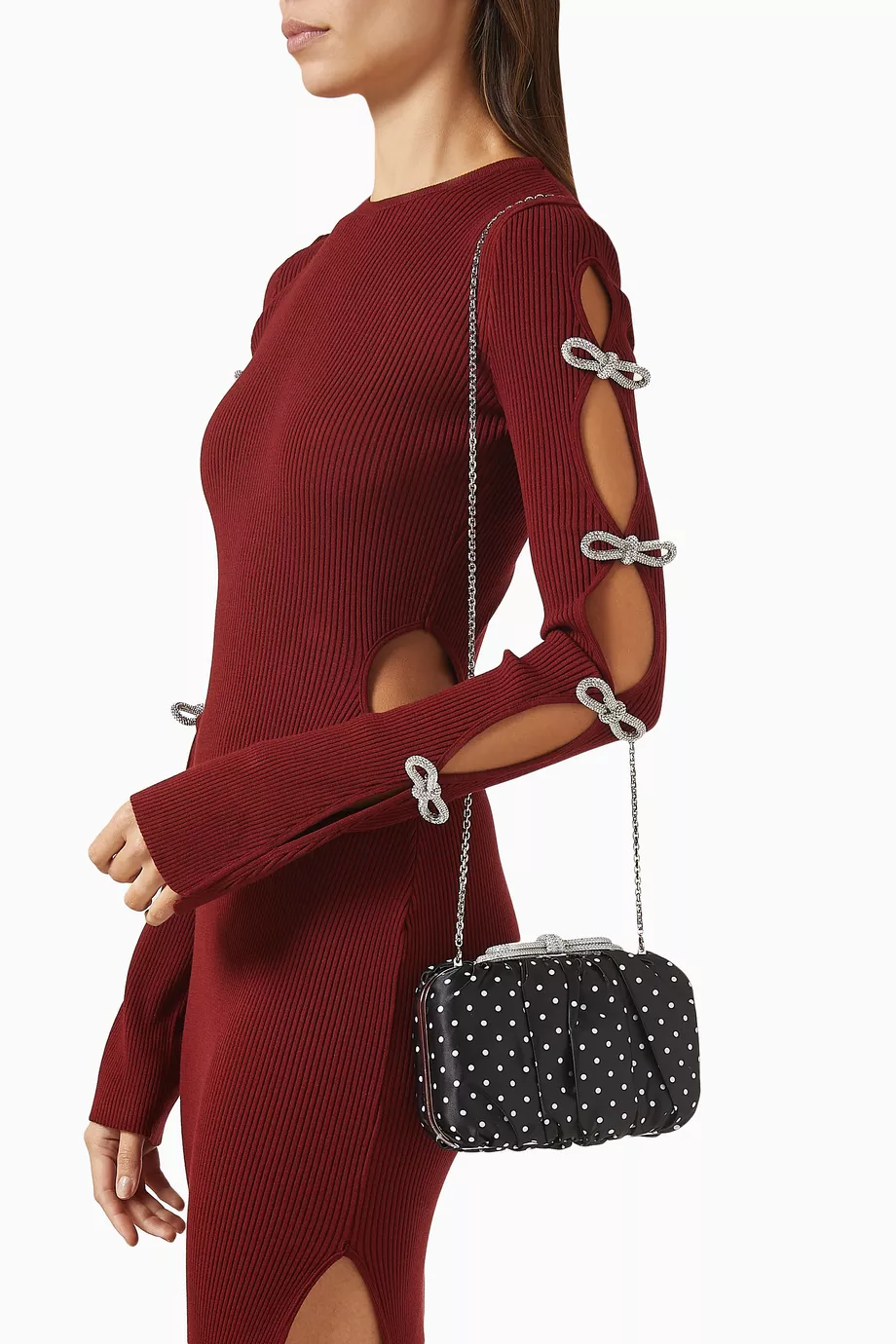 Polka-dot Saten El Çantası, Çift Fiyonklu, Kristal İşlemeli