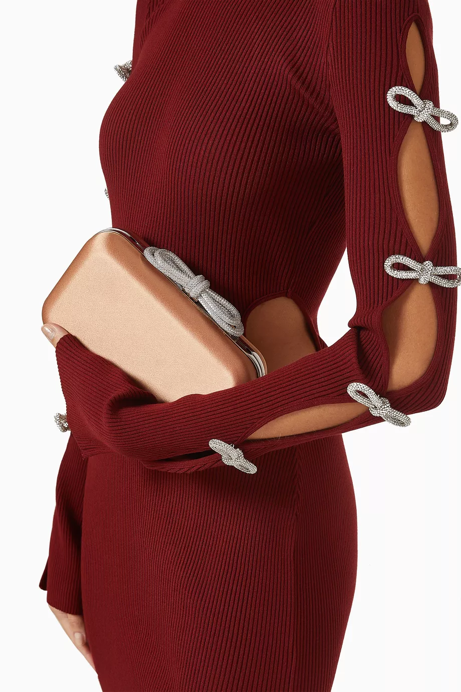 Polka-dot Saten El Çantası, Çift Fiyonklu, Kristal İşlemeli