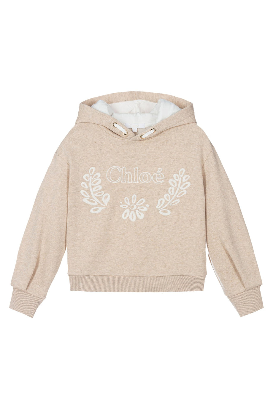 Çocuklar için Çiçek Desenli Kapüşonlu Sweatshirt - Bej Melanj