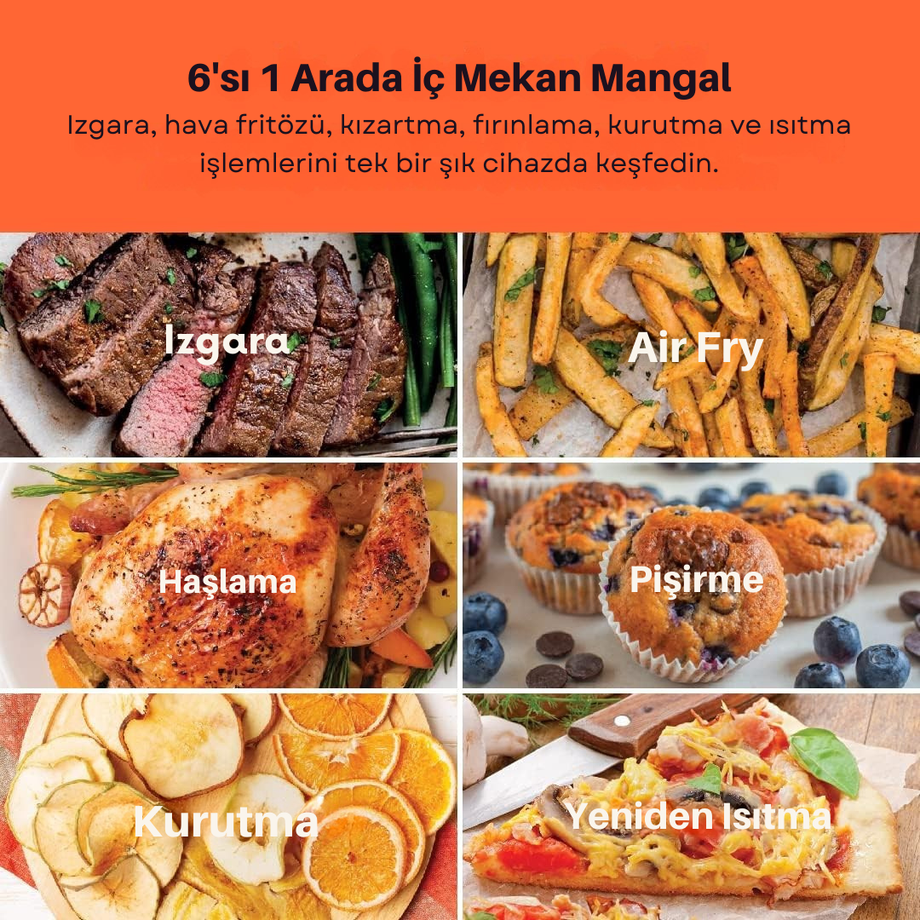 Smart İç Mekan Izgara ve Air Fryer XL 8.5L, 1760W, Akıllı Termometreli