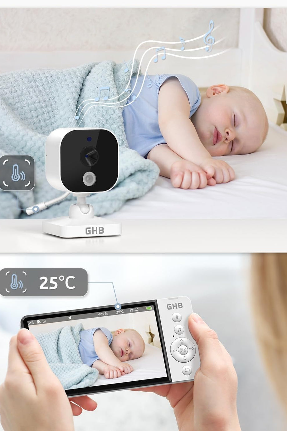 ABM700 Bebek Kameralı Monitör, 5" 720P HD IPS Ekran, Gece Görüşü, VOX Modu, 5000mAh