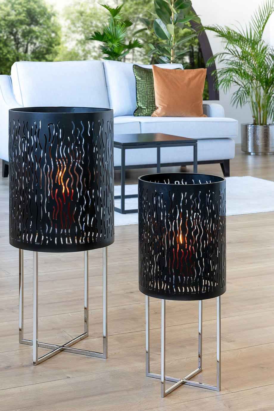 Windlicht BACCUS El Yapımı Dekoratif Fener, 82 cm, Siyah & Parlak Çelik