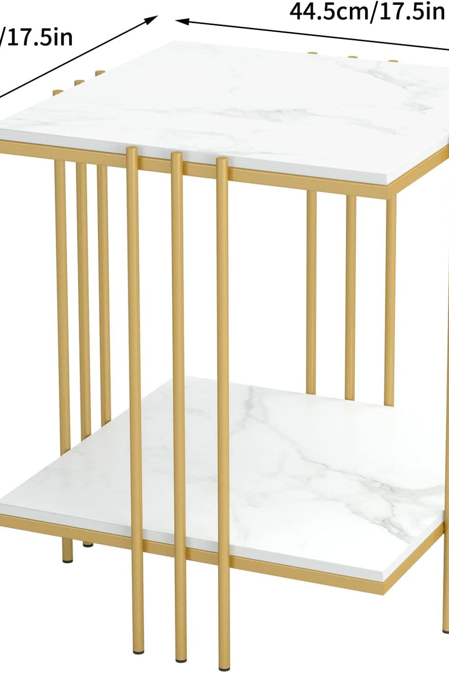 Mermer Yan Sehpa, 2 Katlı, Altın Metal Çerçeveli, Modern ve Lüks Yan Masa