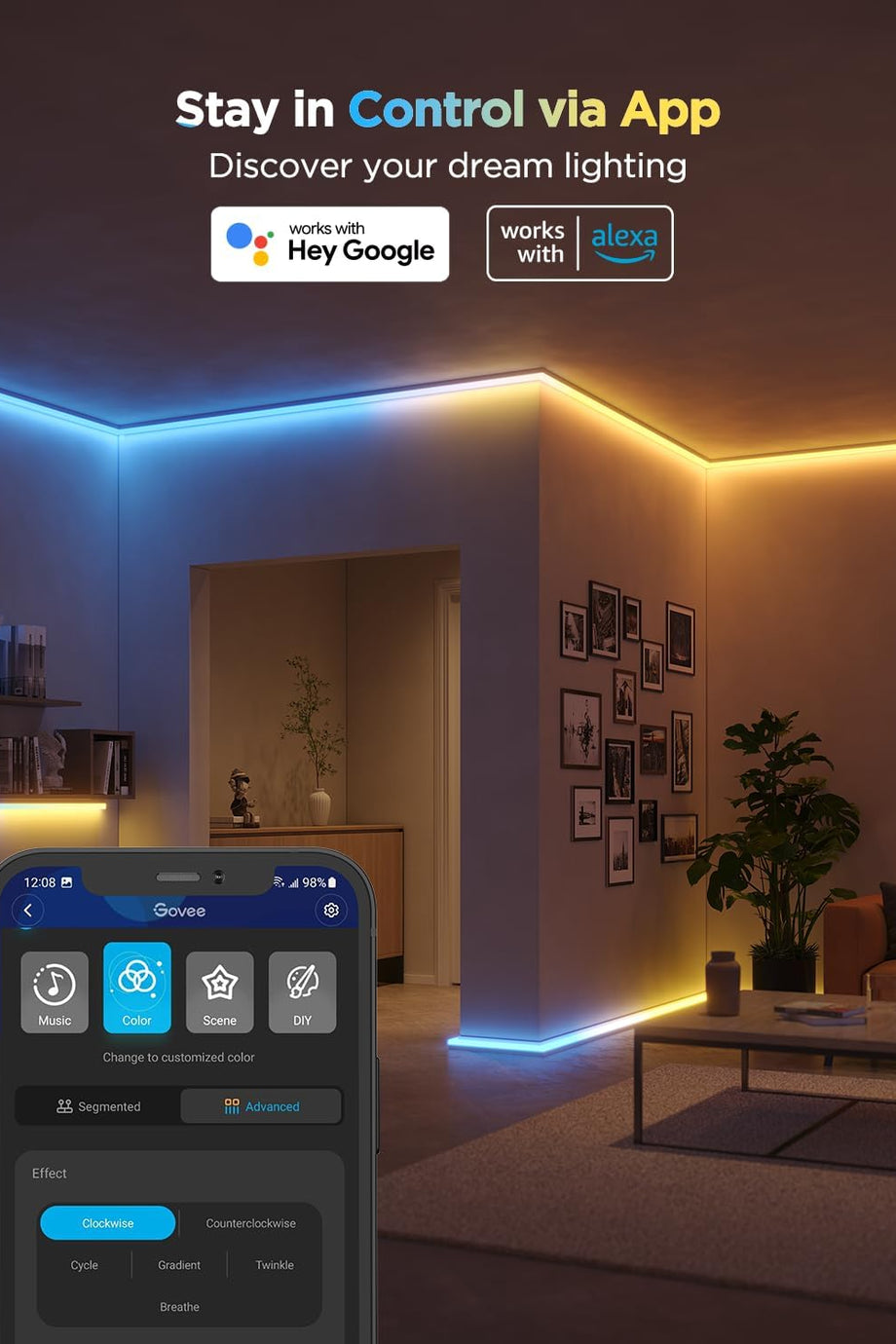 RGBIC LED Şerit Işık 5m Profil Dahil, Alexa Uyumlu, 64 Sahne, Uygulama Kontrollü