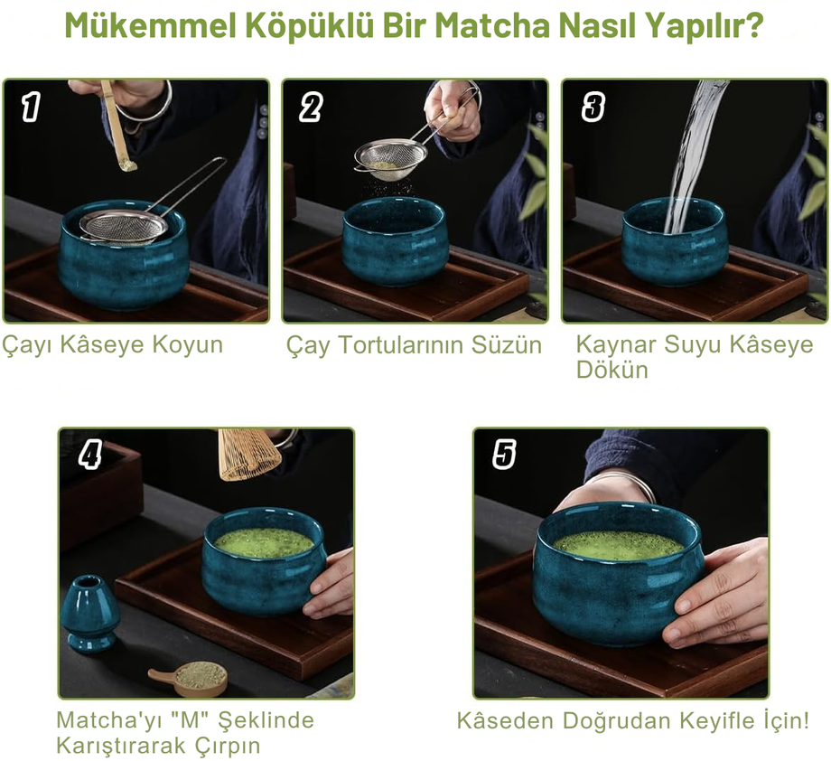 7 Parça Japon Matcha Çayı Seti - El Yapımı Matcha Çırpıcı, Çay Kasesi, Bambu Ölçek ve Diğer Araçlar