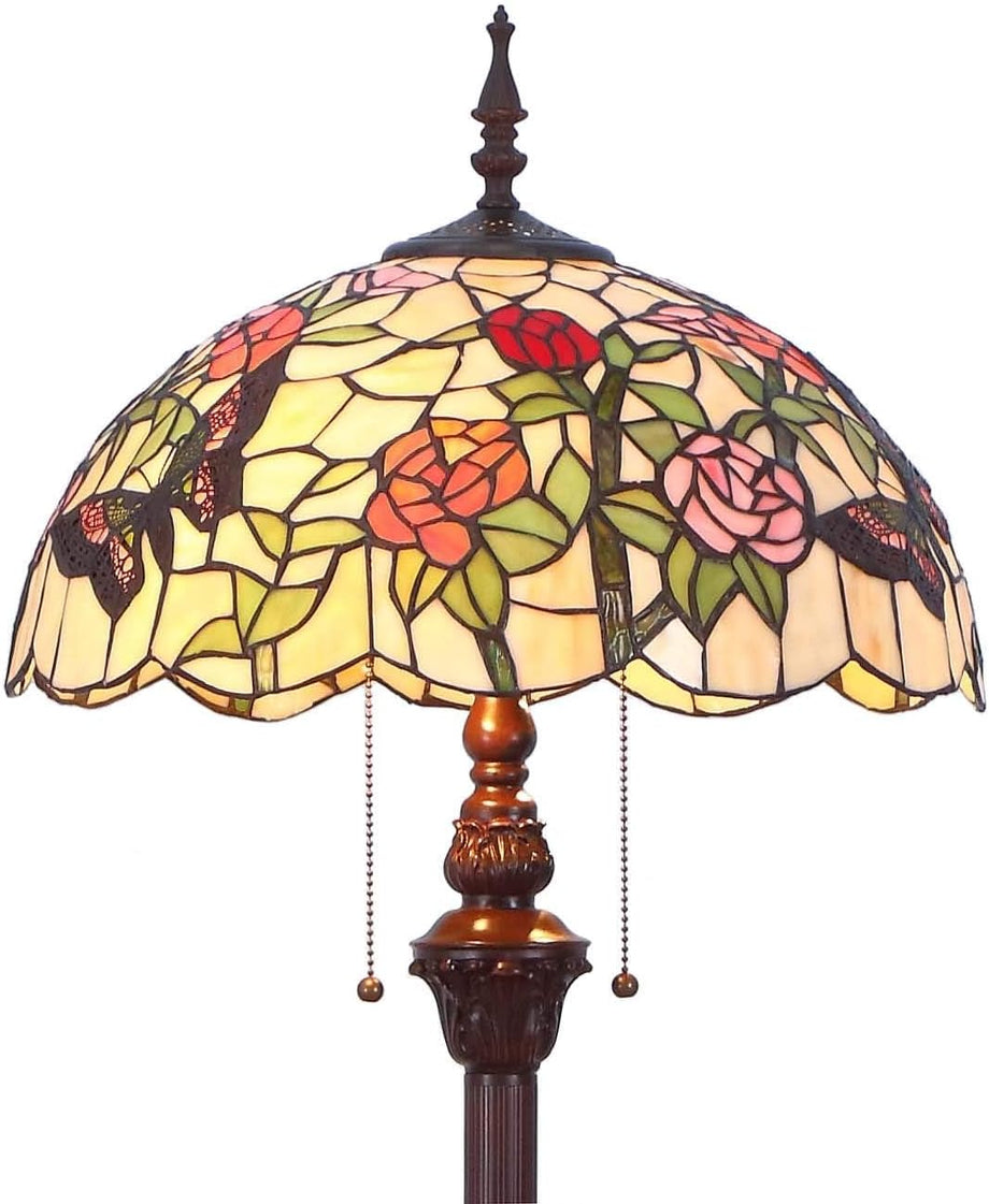 Tiffany Tarzı Kelebek Desenli Ayaklı Lamba, 165 cm, El Yapımı Vitray Abajur
