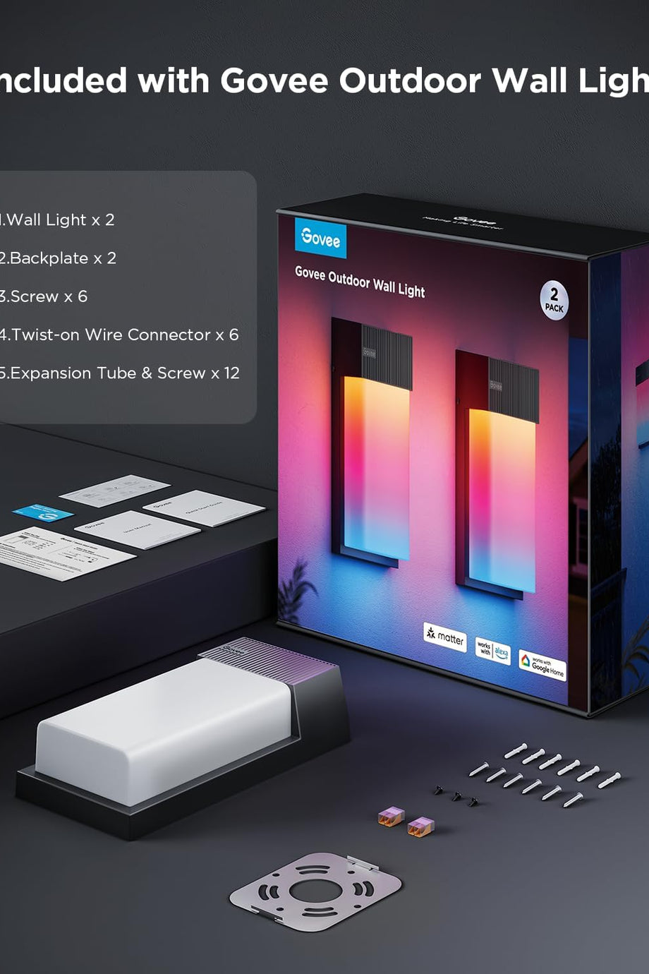 RGBIC Dış Mekan Duvar Lambası 2'li, 1500LM, IP65 Su Geçirmez, Wi-Fi Kontrolü