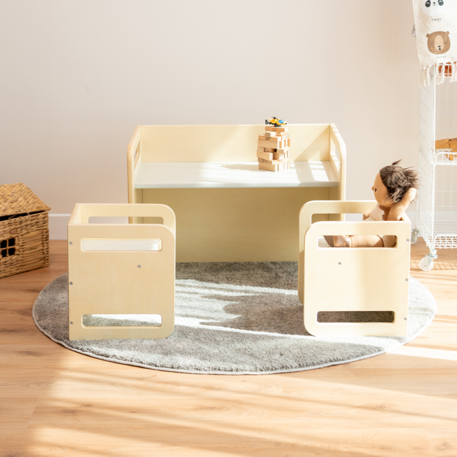 Doğal/Açık Gri Montessori Masa Takımı, 2 Sandalye ve 1 Masa