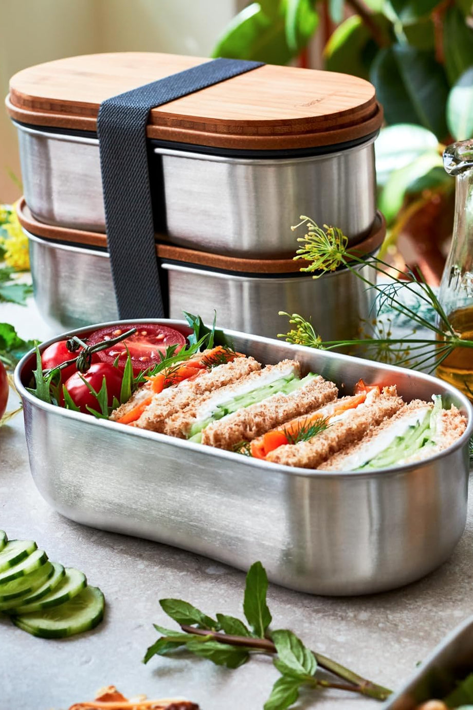 Çelik Bento Kutusu, Çift Katmanlı, 1L Kapasiteli, Bambu Kapak