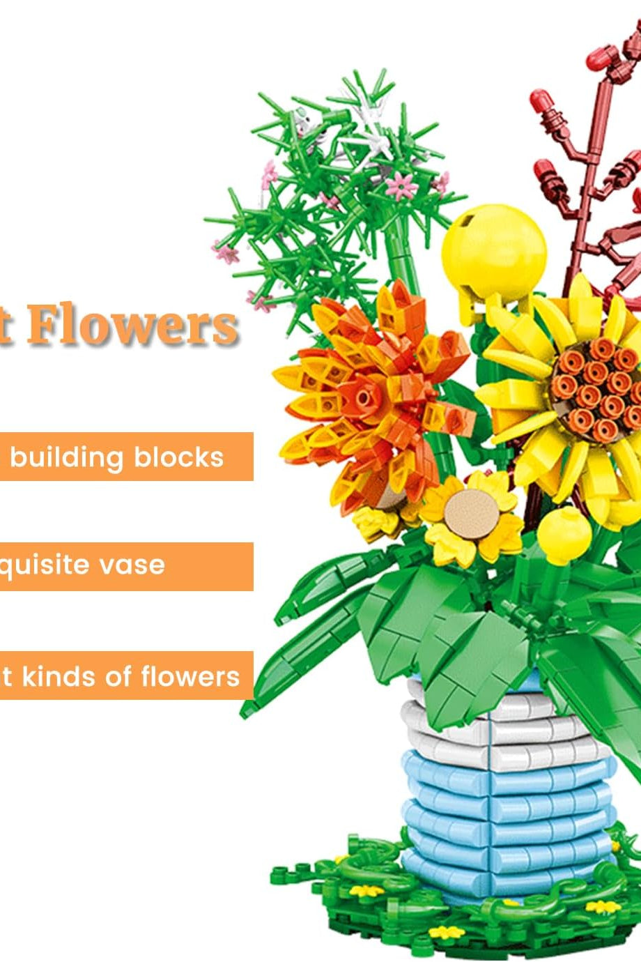 Vazolu Ayçiçeği Buket Yapım Seti, 962 Parça, Yapay Çiçekler, Ev ve Ofis Dekoru