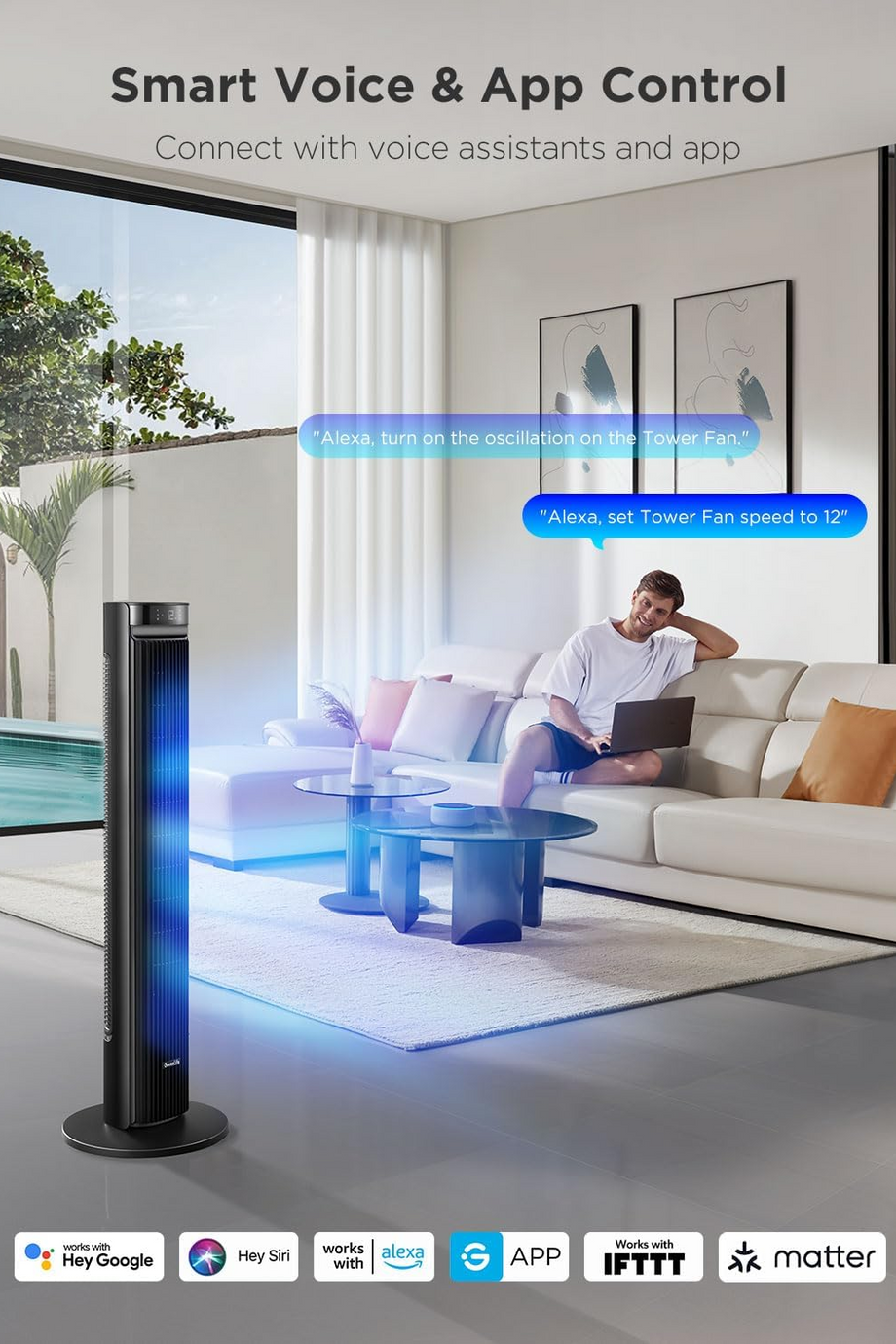 42 inç Sessiz Akıllı Kule Vantilatör, 12 Hız, WiFi, Alexa, Uzaktan Kumanda