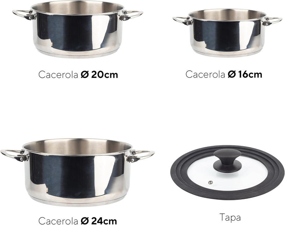 4’lü Profesyonel Tencere Seti, 16, 20, 24 cm Cam Kapaklı, Paslanmaz Çelik